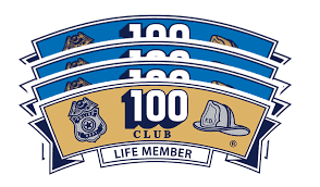100 Club Life Member badges with police and firefighter symbols on a blue and gold background.