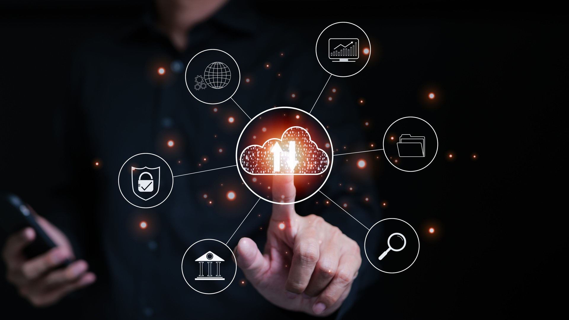 Cloud computing technology and online data storage for business network concept. Businessman touching on cloud storage icons data diagram show on virtual screen. IOT internet of things, Cybersecurity,