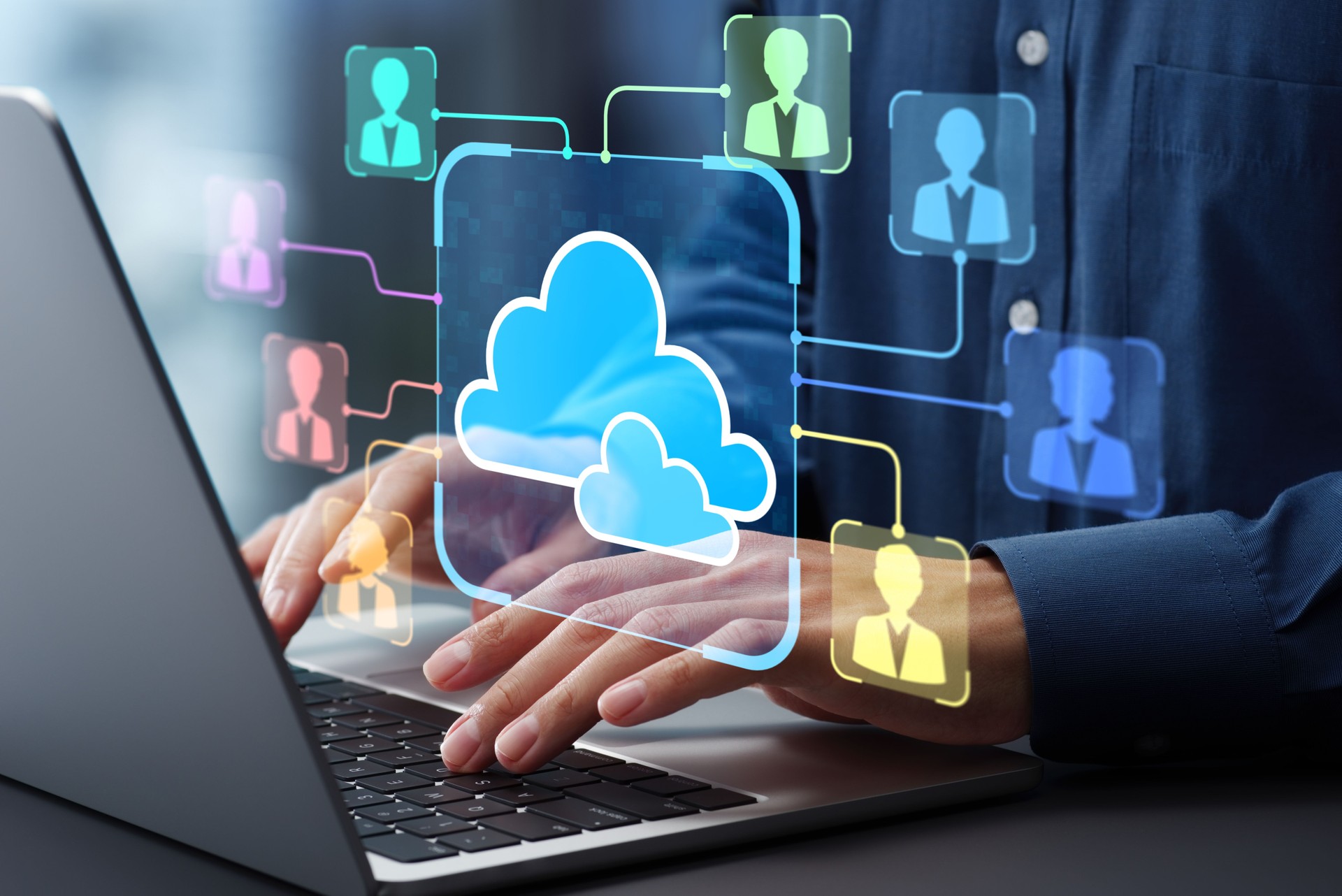 Cloud collaboration tools for business team. File sharing solutions and project management tools. Businessman using laptop computer.