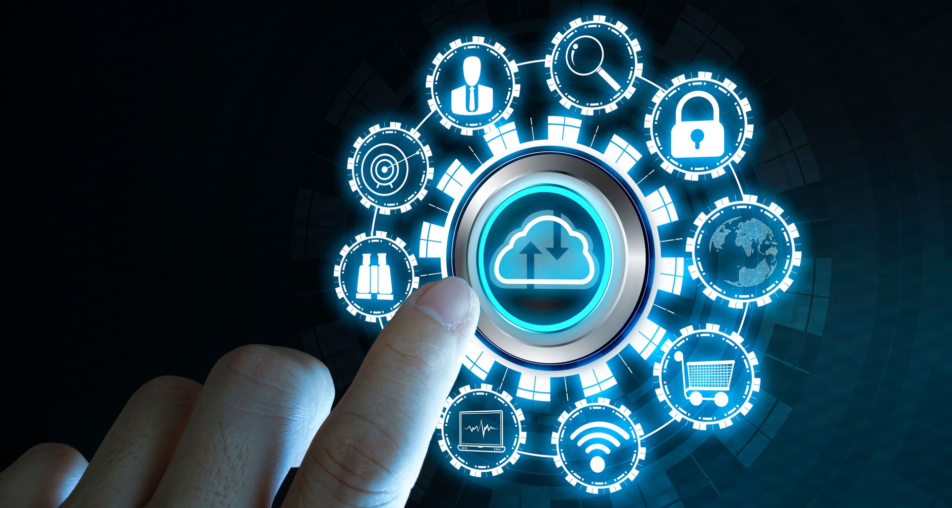 onnect to cloud. Businessman or information technologist click on cloud computing icon.
